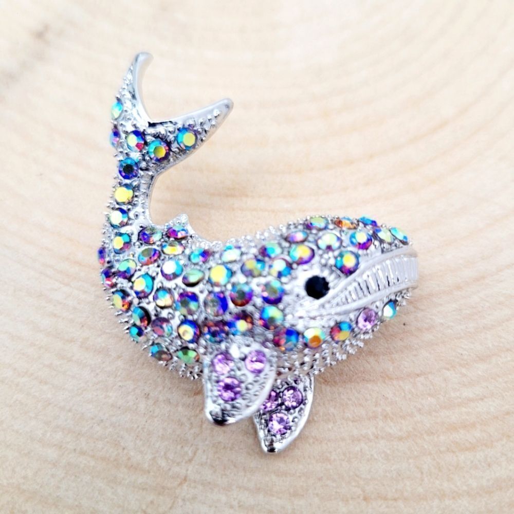 Brand New Silver Whale Colours Rhinestone Brooch Pin